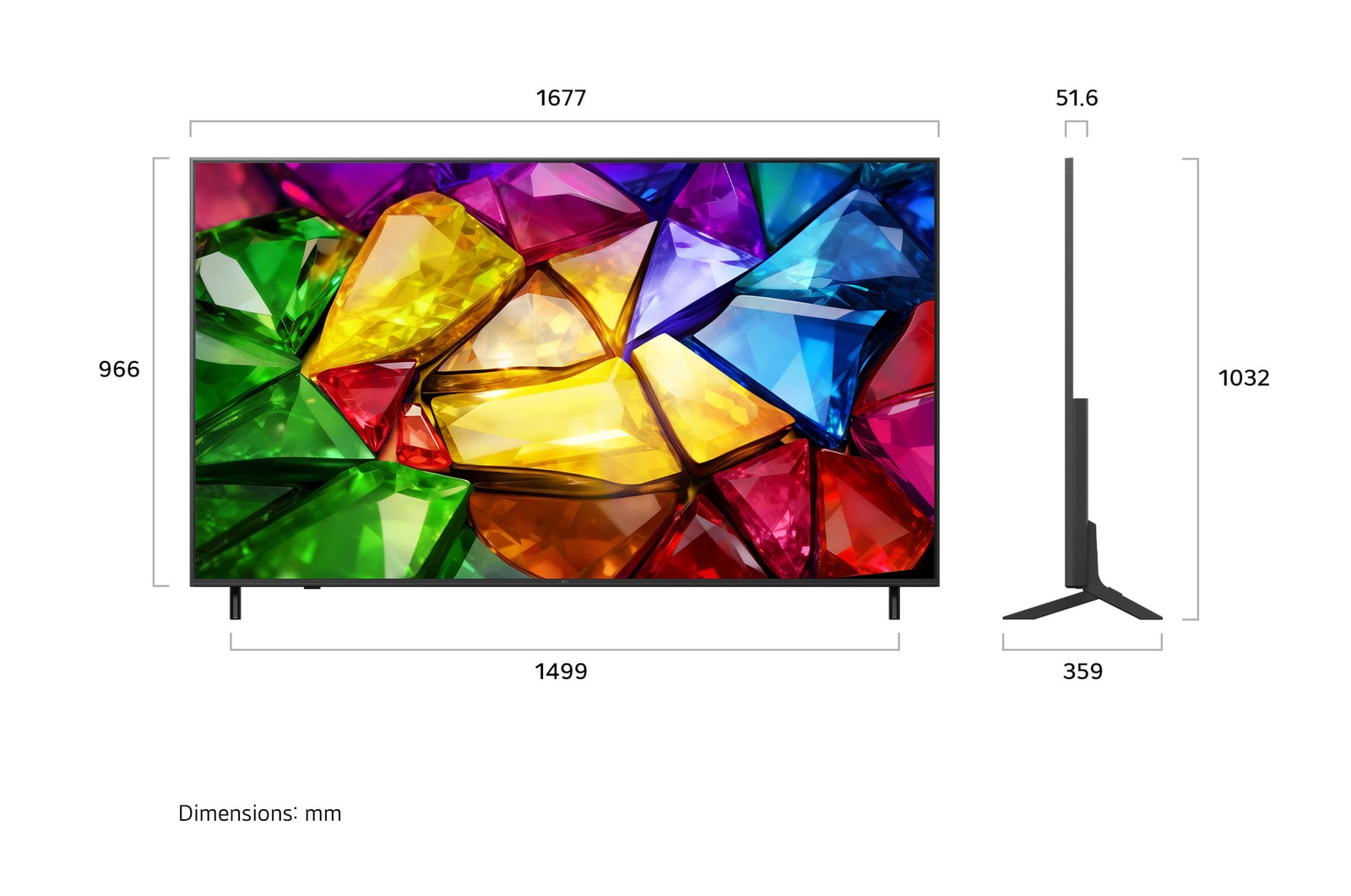 Een LG Mini RGB evo AI MRGB85, gezien van de voorkant en van de zijkant, heeft een 75-inch scherm met een breedte van 1677 mm, een hoogte van 966 mm, een hoogte van 1032 mm met voet, een diepte van 51,6 mm en een afmeting van de voet van 1499 bij 359 mm.